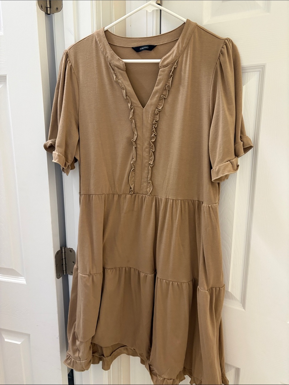 Taupe Ruffle-Front Tiered Midi Dress